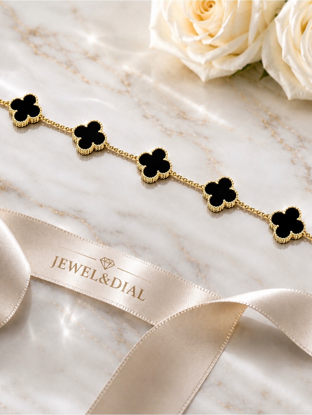 925 Sterling Silver Gold-Plated Black Onyx Clover Bracelet